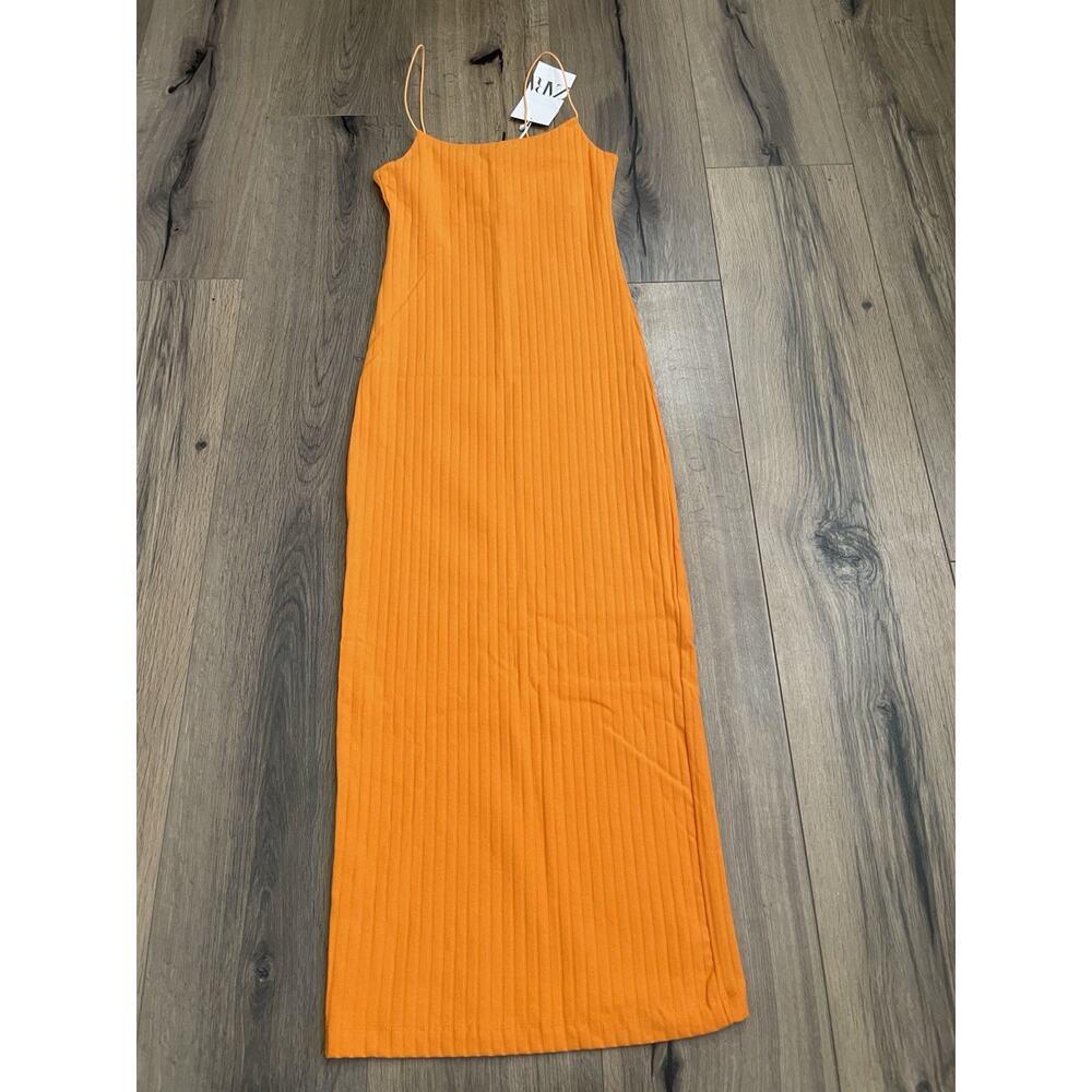 NEW Zara Orange Ribbed Bodycon Midi Dress Women's Size Small Cotton Stretch